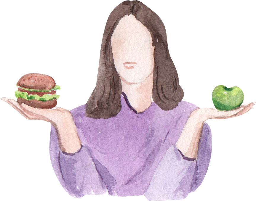 Woman Holding Burger and Apple Watercolor 